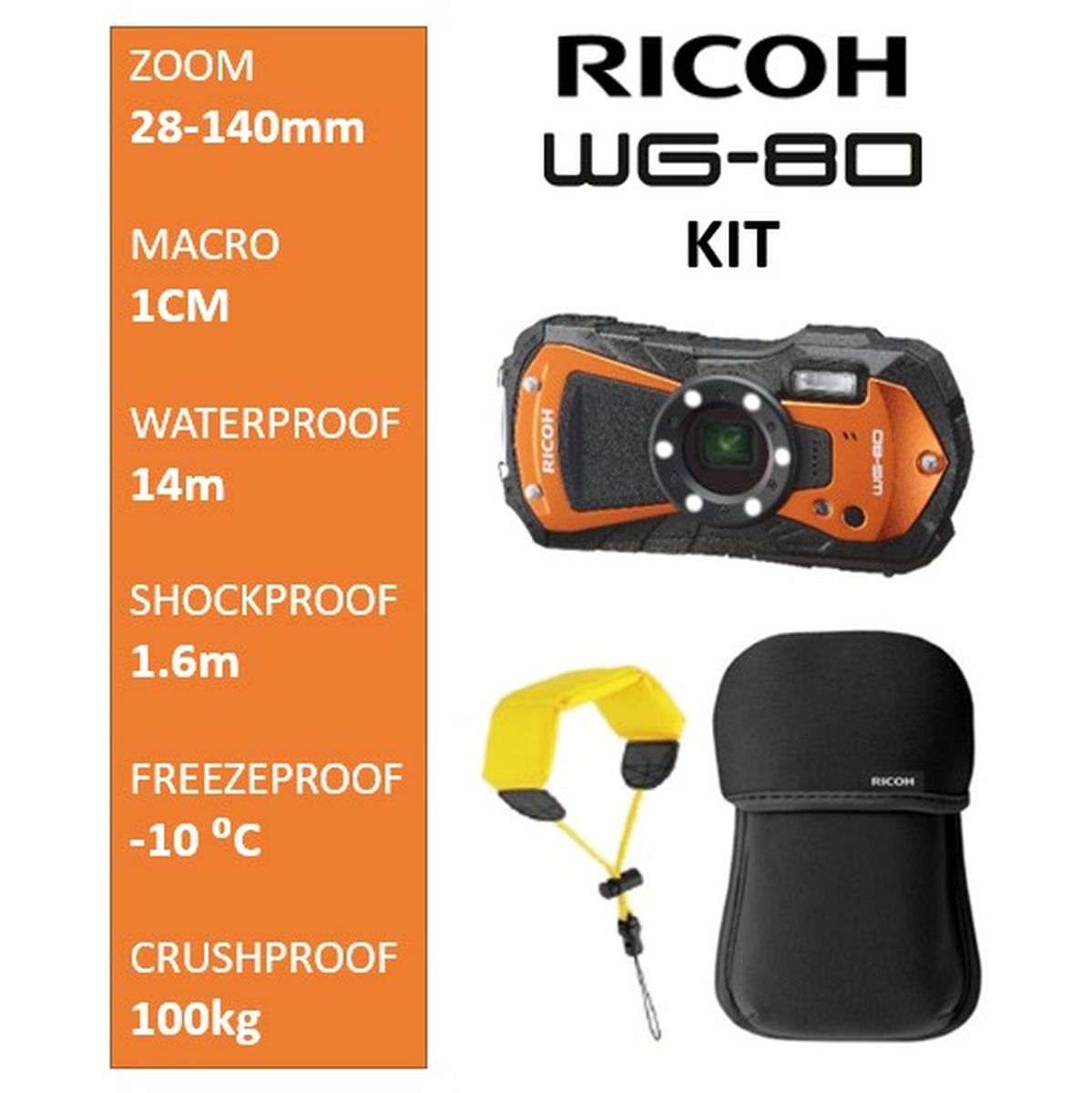 Ricoh Ricoh WG-80 Orange KIT + Floating Strap + Neoprene Case - Image 2